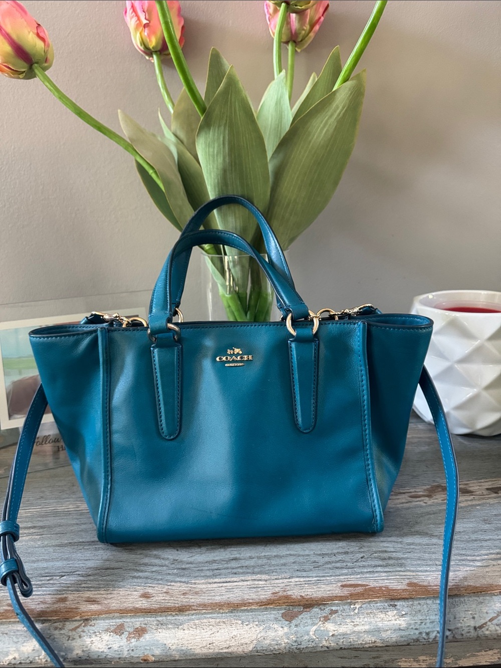 Coach Teal Leather Satchel with Detachable Strap